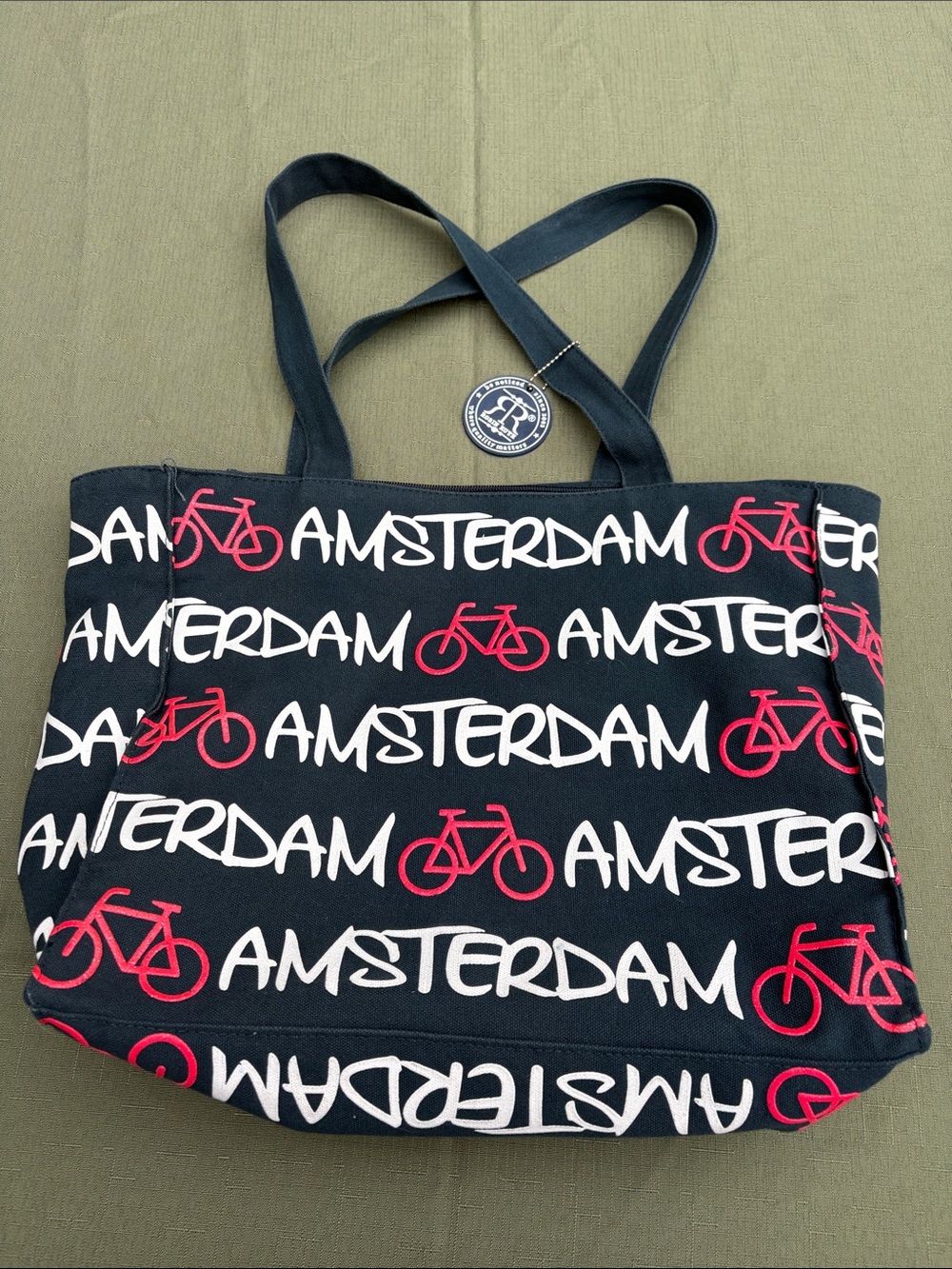 Amsterdam Print Navy Tote Bag with Hot Pink Glitter Bicycle Motif